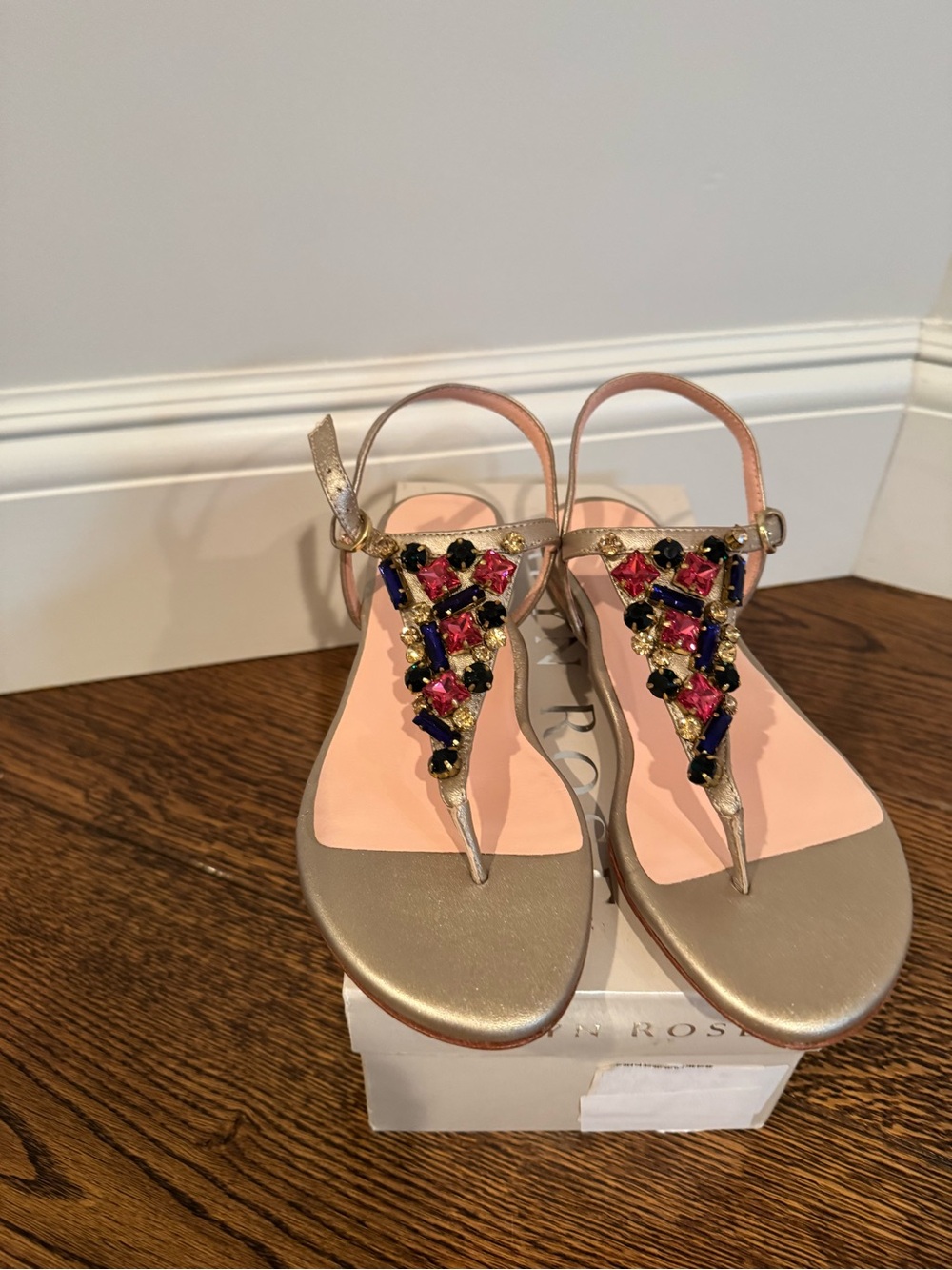 Taryn Rose Gold T-Strap Sandals with Pink Insole and Multicolored Gemstones